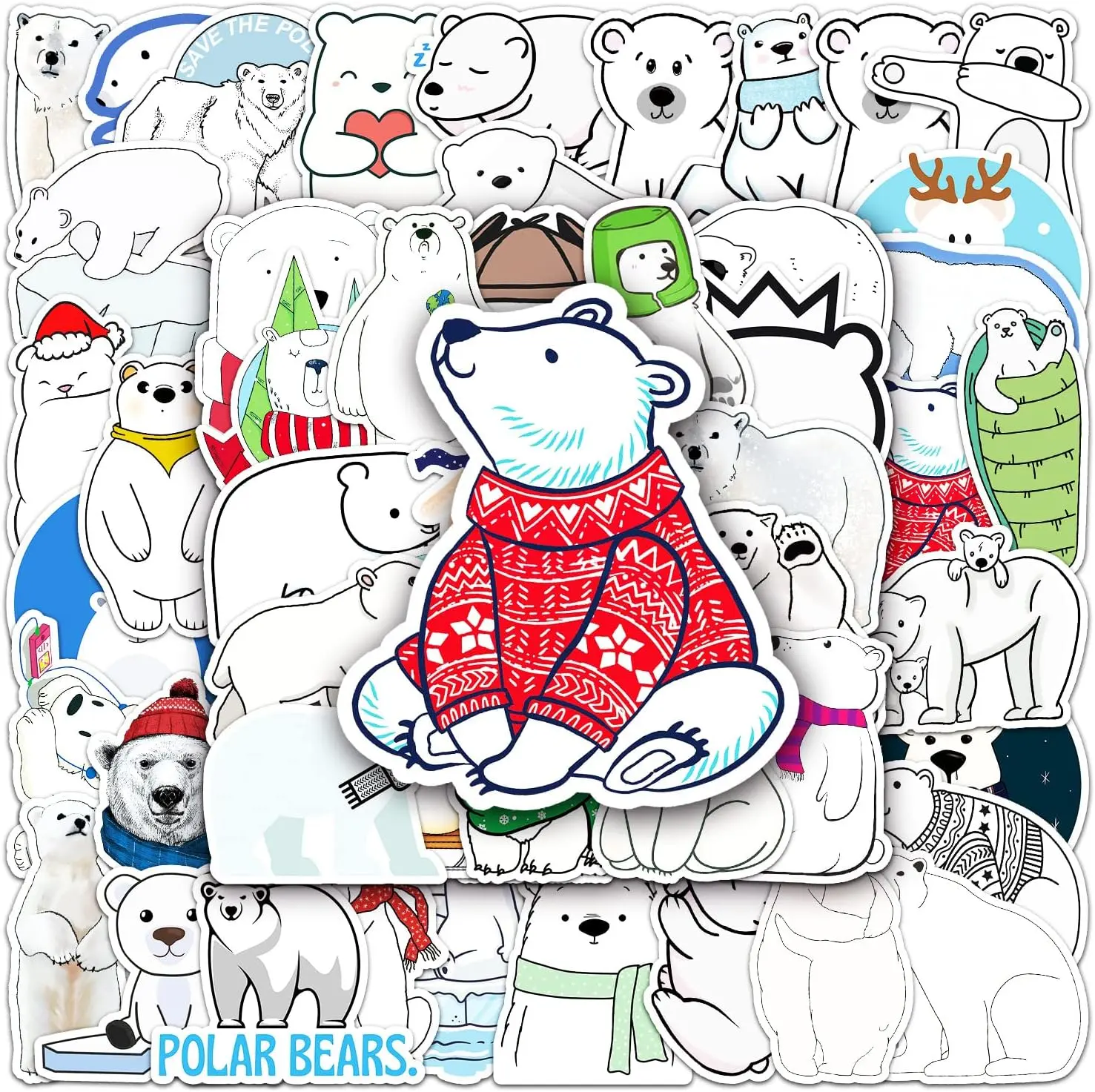 Funny Polar Bear Stickers for Water Bottles,50 Pcs Cute Christmas Polar Bears Animal Vinyl Laptop Skateboard Phone Stickers,Christmas Party Gift Decals Pack for Kids Girls Teens