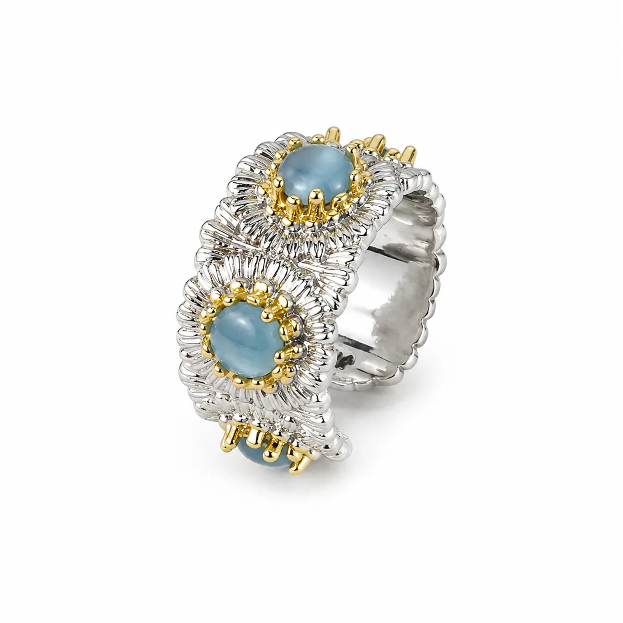 Women's Vintage Flower Ring - Adjustable Open Band with Pink or Blue Gemstone, Italian-Inspired 2-Tone Silver-Gold Glamorous Female Jewelry, High-Shine Look Ceremony & Daily Elegant Gift For Women Men