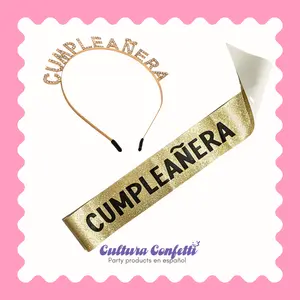 Cumpleañera Birthday Bundle in Gold – Rhinestone Headband & Matching Sash, Set de Cumpleaños con Diadema de Diamantes y Banda – Perfect for the Birthday Girl