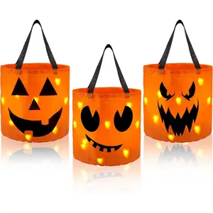 3 PCS Halloween Candy Pumpkin Buckets, 10.2 x 11.8 LED Light Trick or Treat Buckets, Orange Reusable Goody Treat Baskets for Kids Polyester Bags, Halloween Birthday Party Favor Supplies