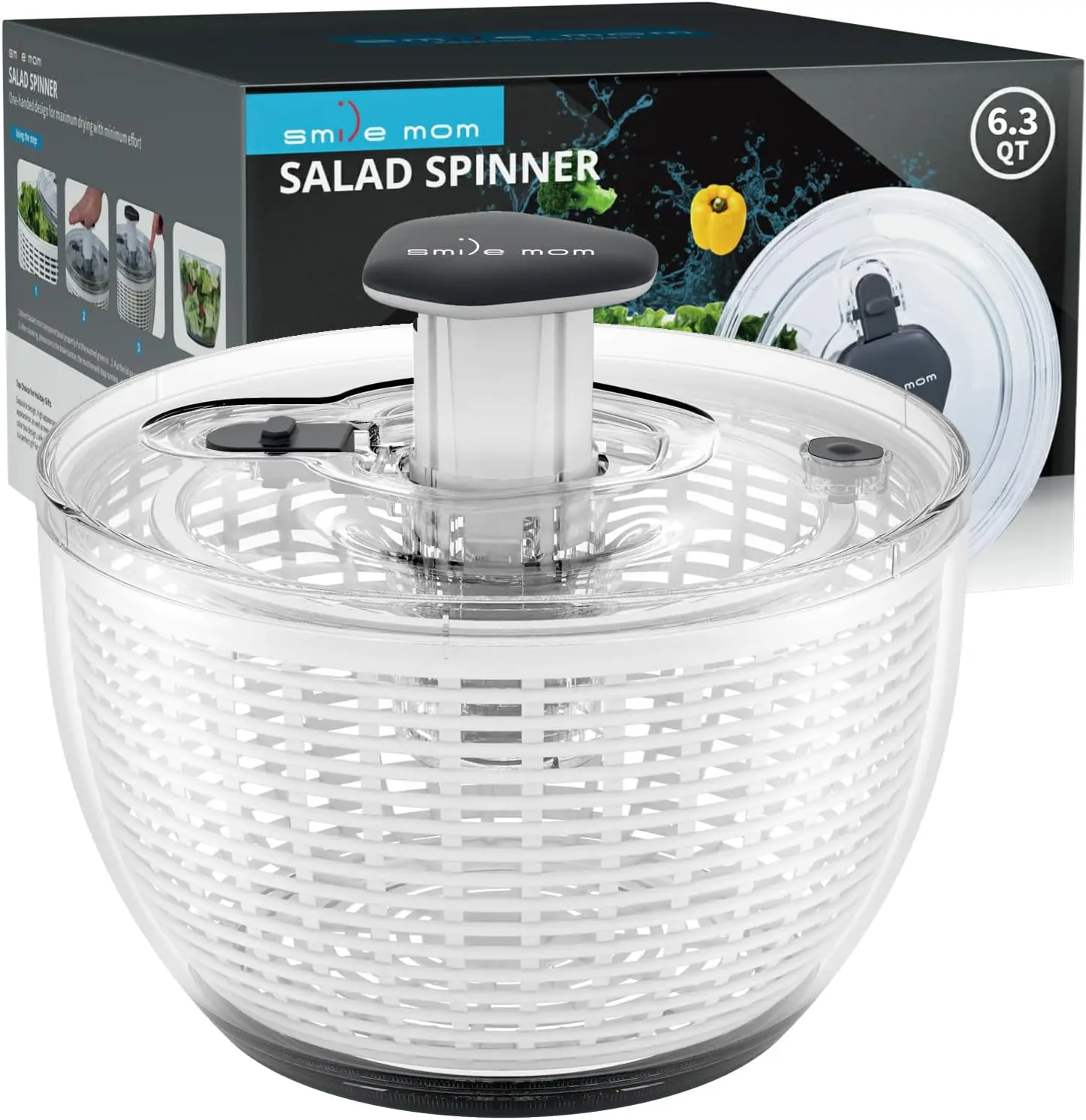 Large Salad Spinner 6.3 Qt, One-Hand Press Vegetable Washer and Dryer Bowl, Lettuce Spinner for Washing and Drying Leafy Vegetables