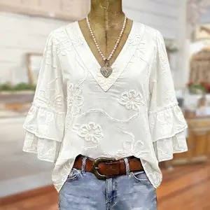 Sage Vell 100% Cotton White Floral Embroidery Blouse 3/4 Sleeves V Neck Double Layer Ruffle Half Sleeve Loose Fit Casual Vintage Top For Daily Vacation Beach Office Wear