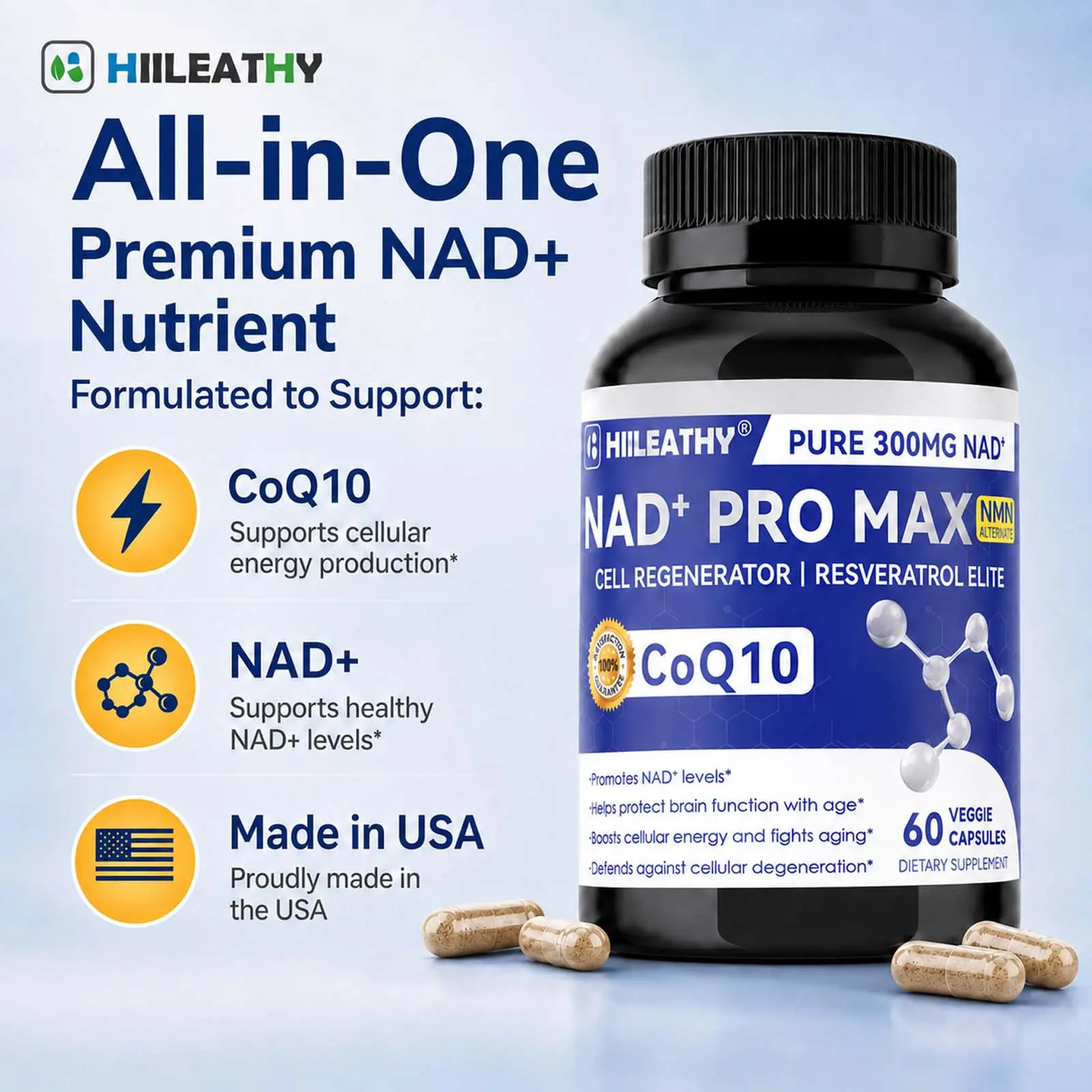 HIILEATHY NAD+ PRO MAX | Premium NAD+ with CoQ10 & Resveratrol | Daily Wellness Formula | Made in USA