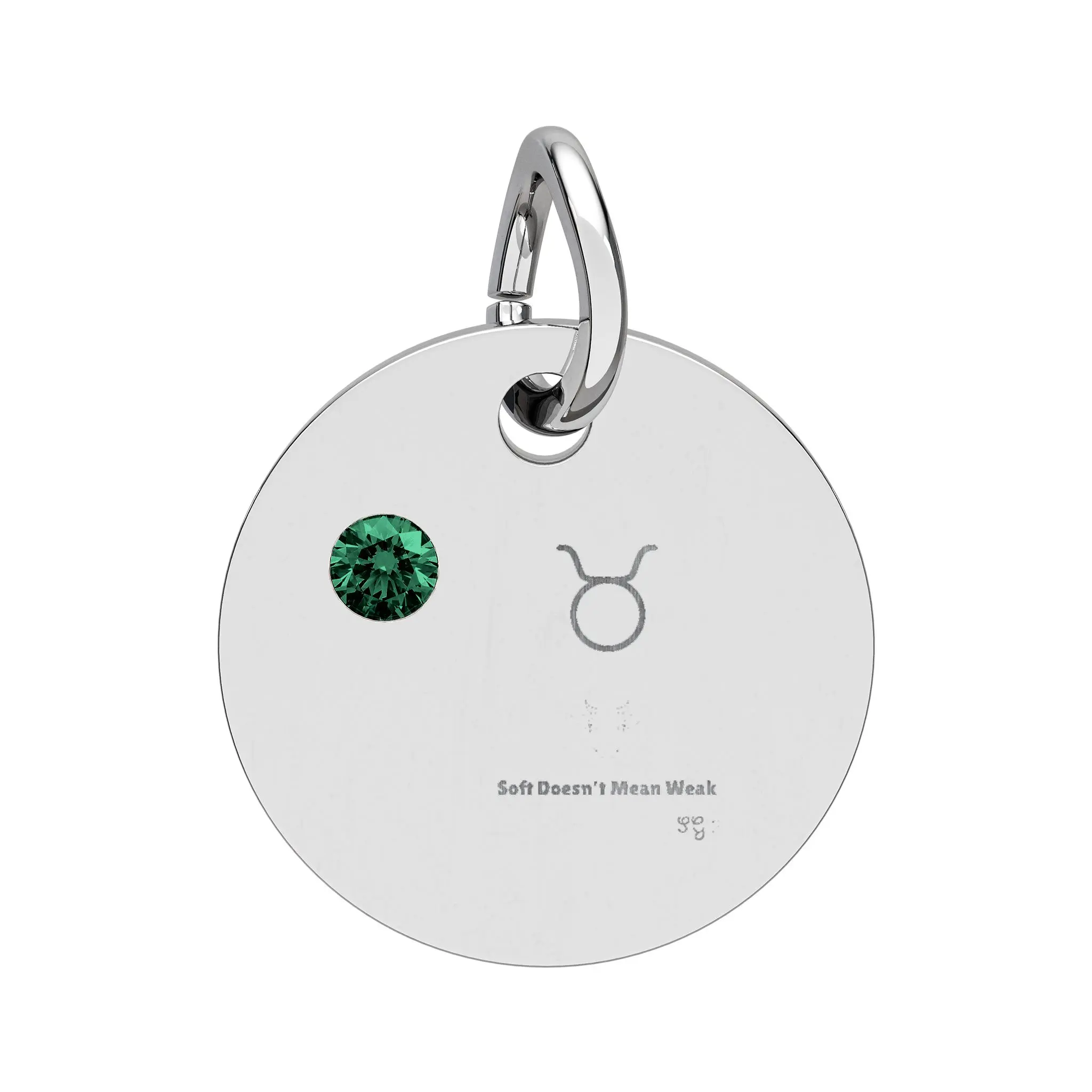 Taurus Emerald Birthstone Circle Charm, Engraved Disc Pendant