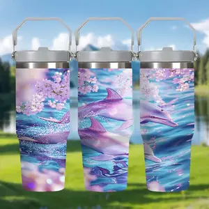 30oz Dreamy Dolphin Insulated Tumbler with Handle & Straw | Stainless Steel Travel Mug | Magical Gift for Ocean & Nature Lovers