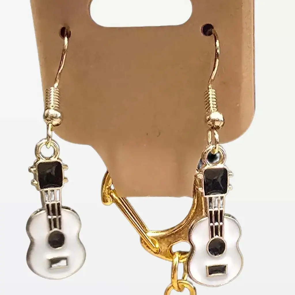 White Guitar Golden Hook Earrings, with Keychain