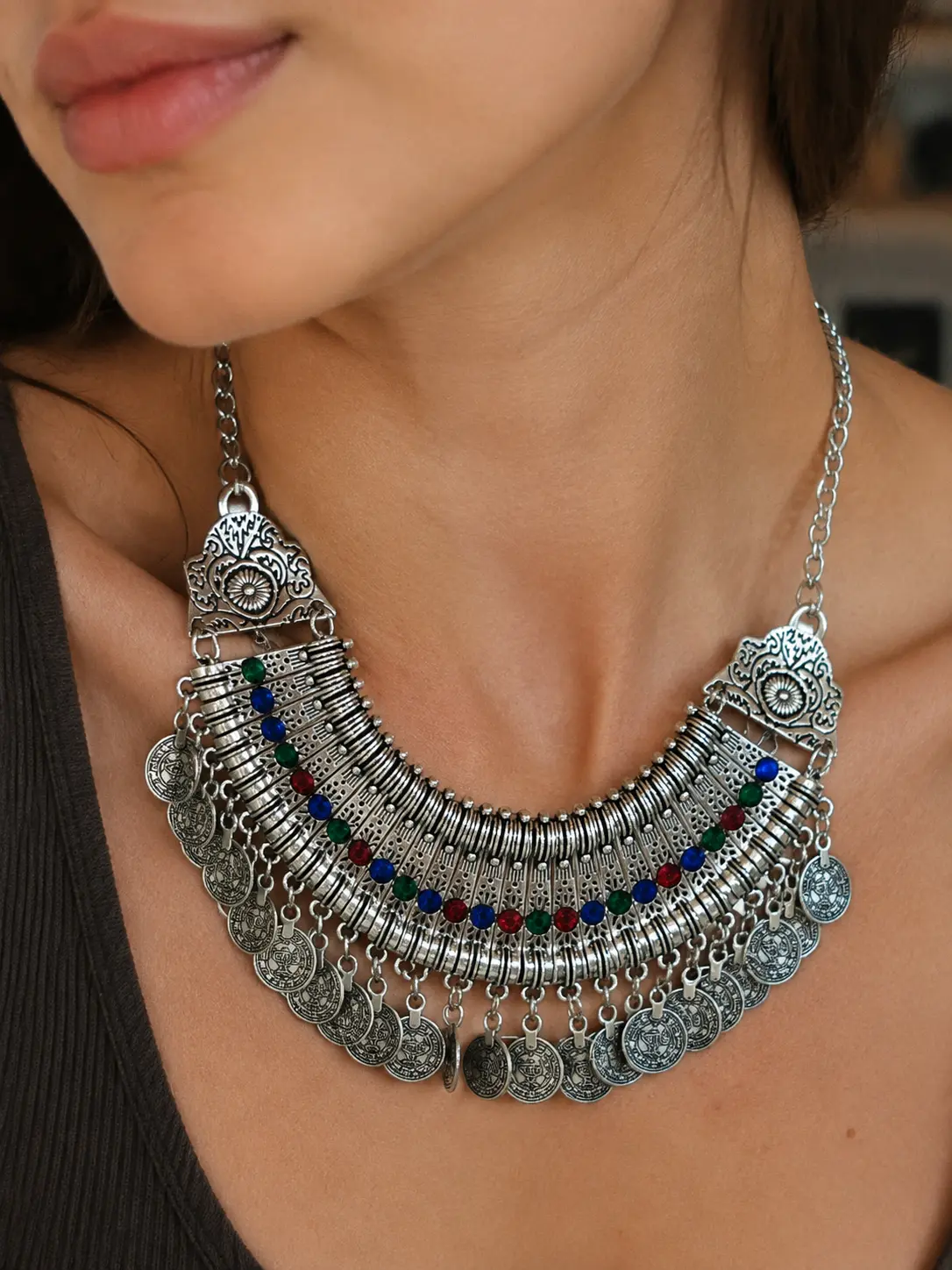 Vintage Boho Coin & Gemstone Bib Necklace with Colorful Accents for Retro & Festival Outfits