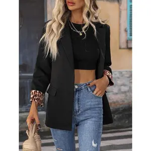 Women's Leopard Patchwork Open Front Blazer, Elegant Casual Long Sleeve Outerwear for Work Office Business, Ladies Spring & Fall Clothes