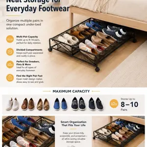 Simple shoe rack, under-bed shelf, multi-functional iron bedroom organizing and storage box, storage mesh bag with pulley shoes, room and bedroom storage, organized and tidy, multi-functional storage, Durable storage, suitable for more