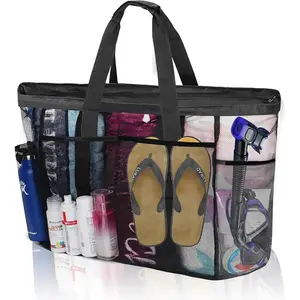 Mesh Beach Bags for Family - Women Beach Tote Bag for Toys, Towels, Travel Vacation Cruise Essentials