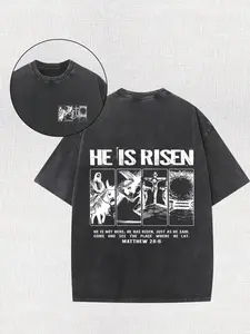 230G Double-Sided Washed T-Shirt, He Is Risen, High Quality Wax Printed Cotton Retro And Anti-Aging T-Shirt with Pattern Printing, with a Certain Thickness, Essential for Summer, Very Suitable for Outdoor Activ