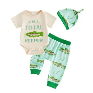 Newborn Baby Boy 3 Piece Fishing Outfit Short Sleeve Romper Bodysuit Jogger Pants with Hat Outdoor Casual Outfit Summer Clothes