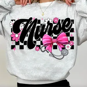 Nurse Checkered Coquette Bow Sweatshirt, Floral Nurse Shirt, Nurse Flower Tee, Trendy Nurse Shirt, Nursing Graphic Tee, RN, CNA Gifts