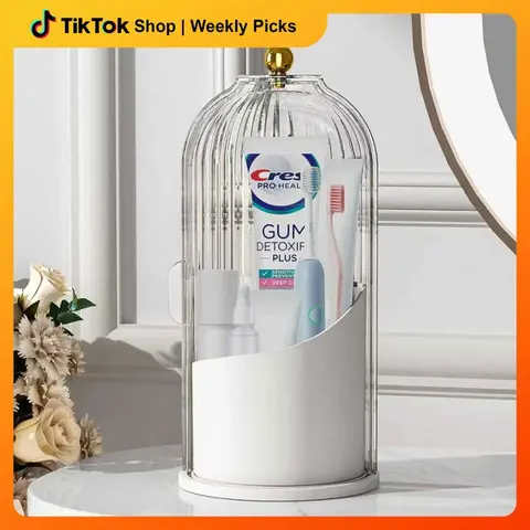 Grey-White Sturdy Plastic Makeup Box Organizer with Waterproof Cover - 360-Rotating, 180° Lid Open, Dust & Bug Block, Compact Vanity - 3-Tiered Slots Fit Varied Items, Bathroom Countertop Storage, Luxurious Gift