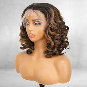 Nnzes Synthetic Curly Lace Front Wig, Curly Wigs for Women 12 Inch 11.5*5 HD Lace Frontal Black whit Brown Highlight Pre Plucked Ready to Wear Gluegless Middle Part Wig