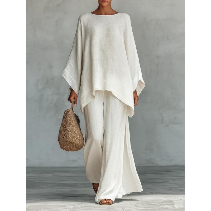 Women's Minimalist 2-Piece Set, Linen-Blend Loose Button-Down Shirt and Wide-Leg Pants Casual Outfit, Women's Clothes, Two Piece Set Women's Minimalist 2-Piece Set, Linen-Blend Loose Button-Down Shirt and Wide-Leg Pants Casual Outfit, Women's Clothes, Two Piece Set