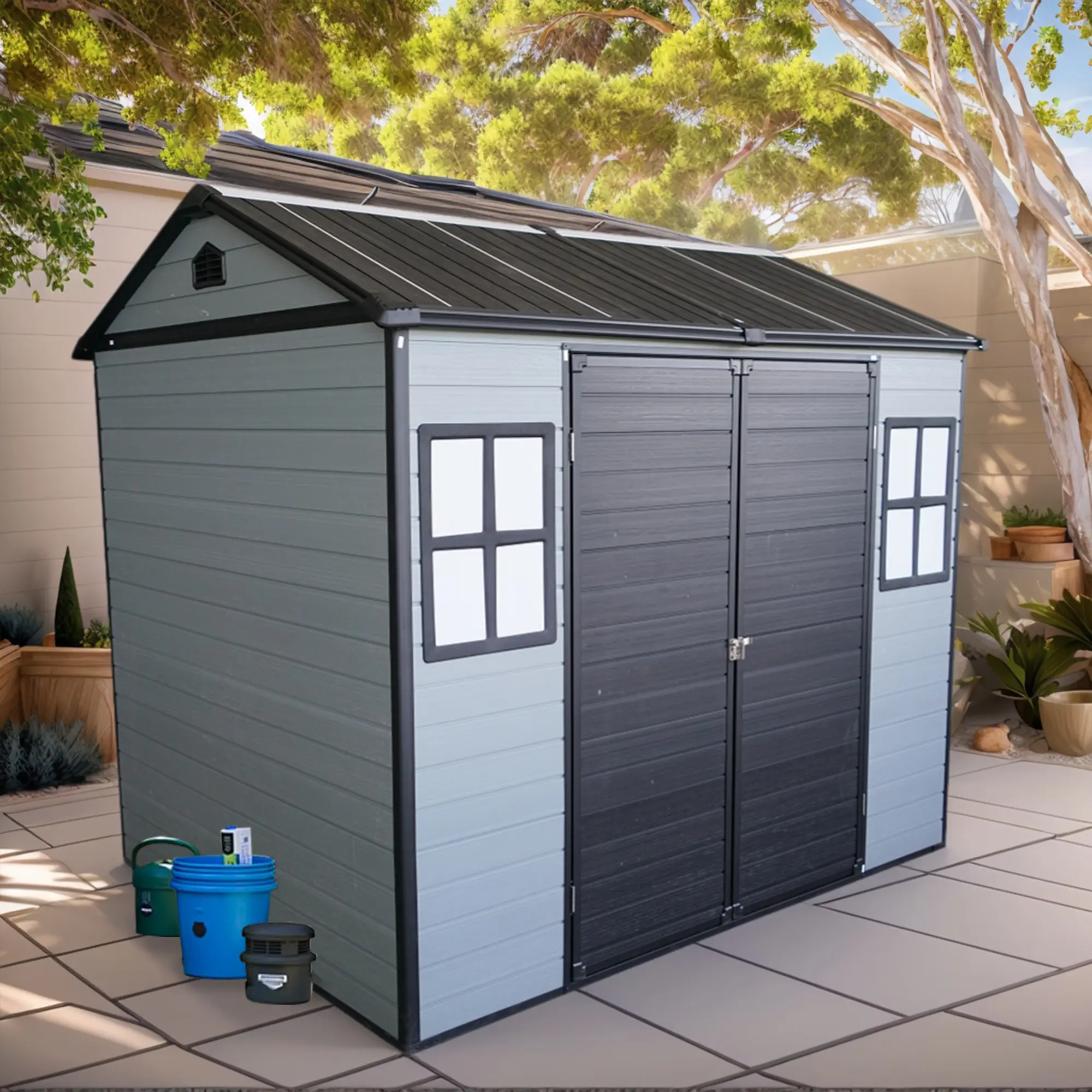 8x6ft Resin Storage Shed with Floor and Dual Windows, Durable Plastic Outdoor Shed with Lockable Door, Weather-Resistant Patio Garden Shed for Tools, Bikes, Trash Cans, Lawn Mowers, Backyard Organization