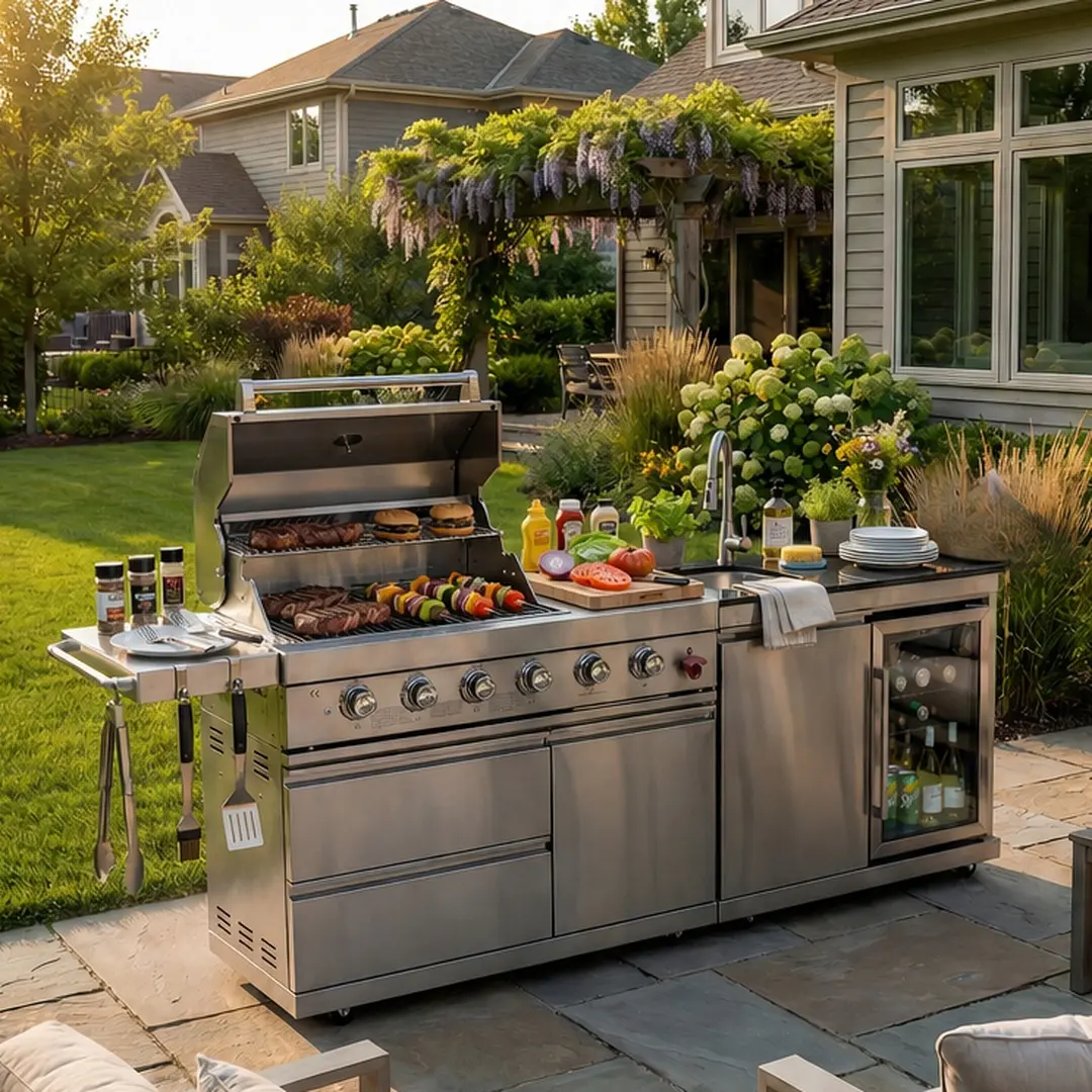 ARCH 84-Inch Thick Deluxe 304 Stainless Steel Outdoor Kitchen Barbecue Island Grill - 6-Burner, 75300 BTU, Sink, Wine Cooler, Refrigerator, Granite Countertops, Rotisserie Kit, Silver/Black Options, Outdoor Cooking Equipment, BBQ Set, Grilling Gear, Grill
