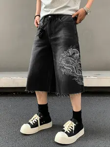 Men's Dragon Embroidery Frayed Denim Shorts, Athleisure Street Shorts, Loose Casual Comfy Shorts for Summer, Fashion Men's Bottoms for Daily Wear
