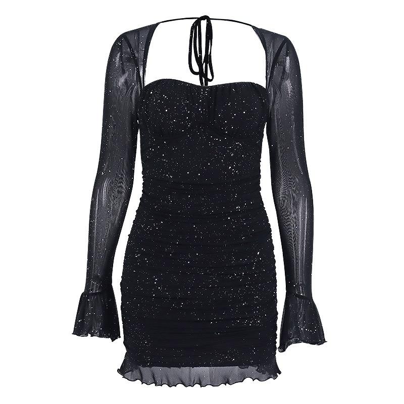 Holiday Haul Women's Glitter Contrast Mesh Long Sleeve Ruched Mini Bodycon Dress with Square Neck Lettuce Trim for Party Dinner Elegant Casual Dress black  wednesday  outfit shine  dress Strapless Ruffle Hem Dress plain backless