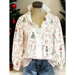Women’s vintage Christmas nutcracker print blouse with long sleeves and a ruffled collar — cozy winter holiday/New Year party shirt for casual or formal looks
