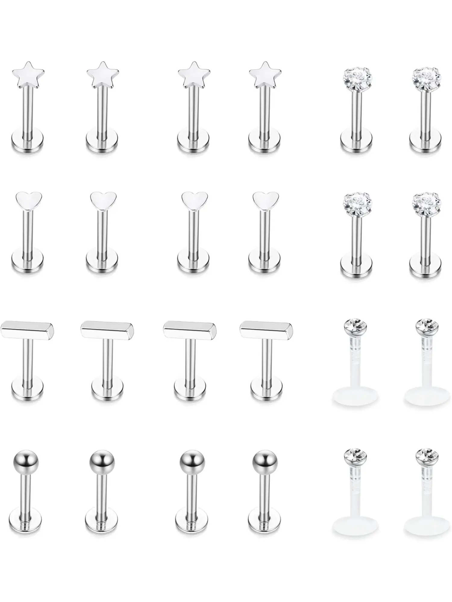 24Pcs Tragus Earrings Silver Hypoallergenic Stainless Steel Lip Bars Labret Stud Set Helix Cartilage Stud 16G Flat Back Piercing Jewellery Stud Earring Sets Ear Studs