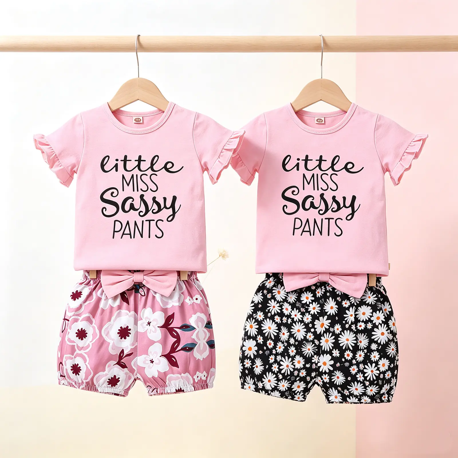 Kids Baby Girls Fashion 2-piece Outfit Set Short Sleeve Letter Print T-shirt+Floral Print Shorts Set