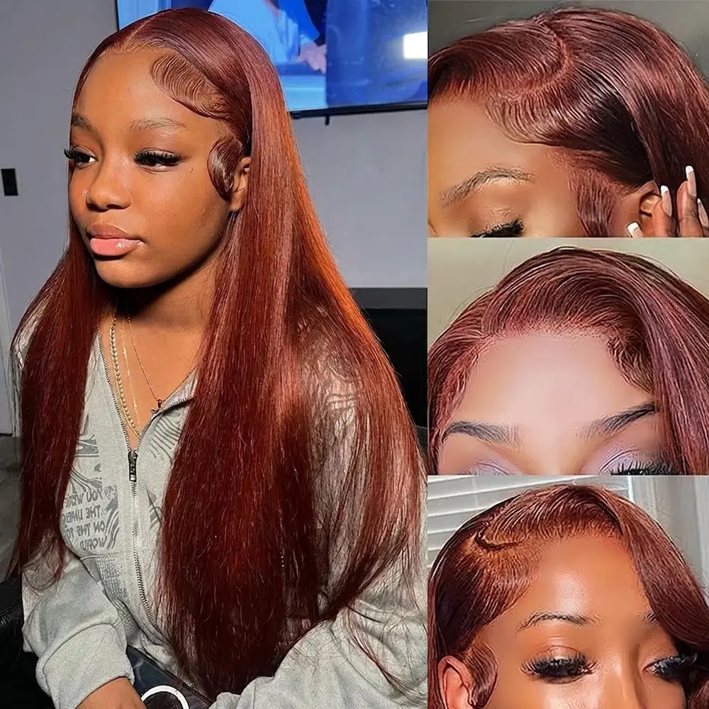 Bling Hair 13x4 13x6 Reddish Brown Bone Straight Lace Front Human Hair Wig Auburn Color Wig For Women 180% Density 13x6 HD Lace Frontal Wigs Pre Plucked backtoschool
