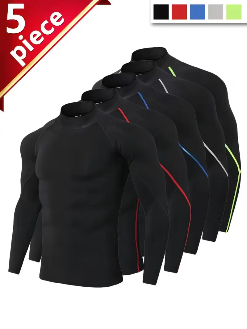 Men's 5-Piece Sports Set High-Neck Long-Sleeve Top High-Stretch Slim-Fit Breathable Moisture-Wicking Quick-Drying Fabric Stylish Striped Pattern Casual Menswear clothes Unisex Crewneck