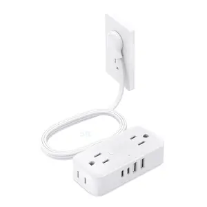 Flat Plug Power Strip 5FT, Small Flat Extension Cord with Multiple Outlets, 4 AC and 4 USB Ports (2 USB C), Wall Mount 900J Surge Protector for  Office Travel Dorm Room Essentials, White