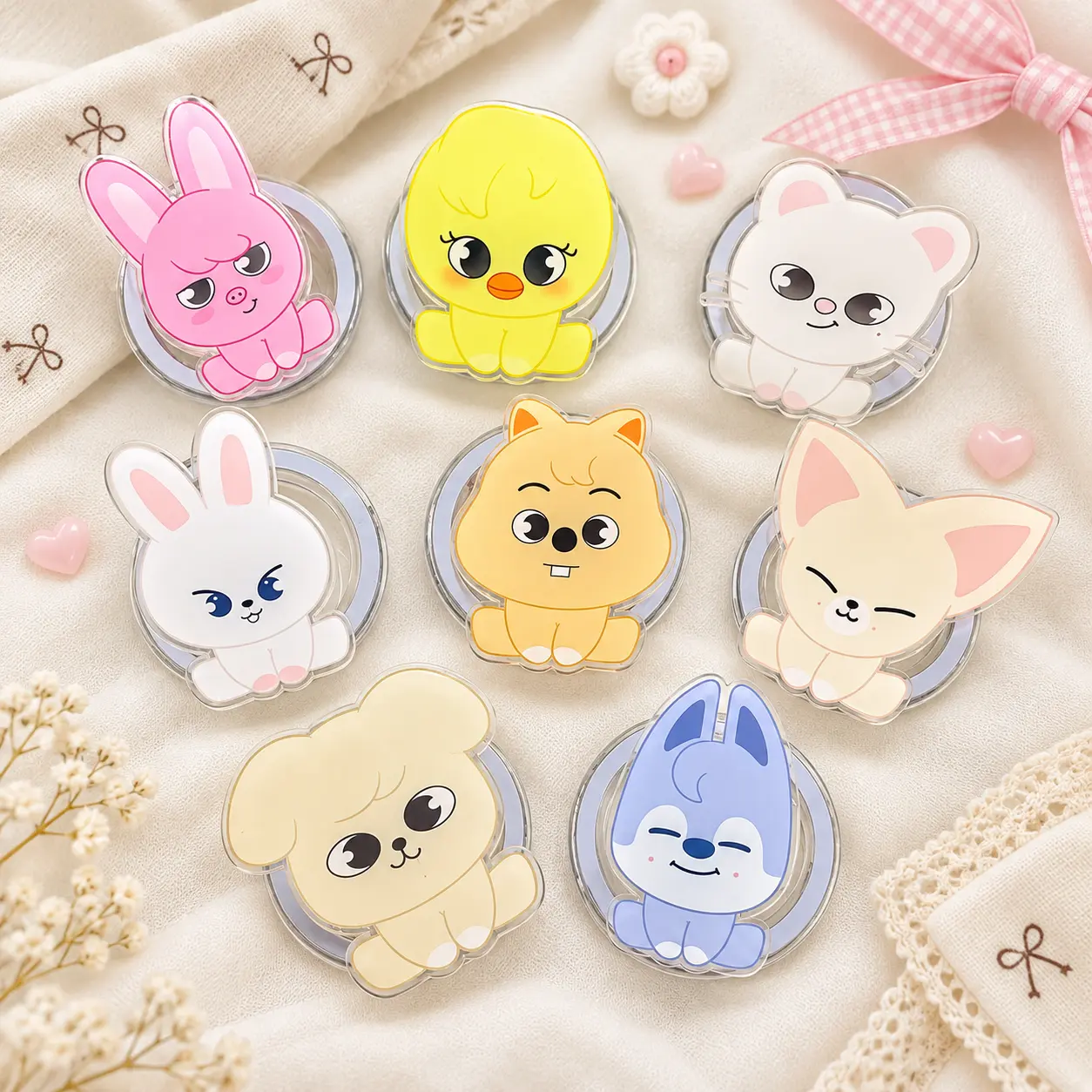 Cute SkZ Kawaii Puppy & Kitty MagSafe Phone Grip– Pastel Animal Acrylic Phone Holders with Magnetic Kickstand, Adorable K-Pop Inspired Accessory Gift for Fans
