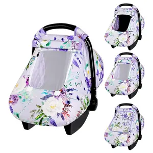 Car Seat Cover Baby Girl, Warm Winter Carseat Cover for Baby, Purple Floral Infant Car Seat Canopy with Peep Window, for Protecting Baby from Wind & Sun, Kick-Proof & Windproof