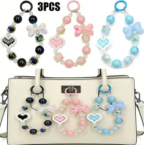 3 Pcs Beaded Bag Charms Keychain Set, Kawaii Pixel Heart Bow Iridescent Glitter Beads, Cute Aesthetic Purse Handbag Phone Case Car Key Ring Backpack Pendant Decor, Fashion Accessories Birthday Friendship Gift for Women Teen Girls
