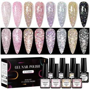 Glitter Gel Nail Polish Set, 8 Counts Illuminating Iridescent Glitter Shining Sequins Summer Nails UV LED Soak Off Semi-permanent Sparkle Varnish for Shiny Nail Art Manicure