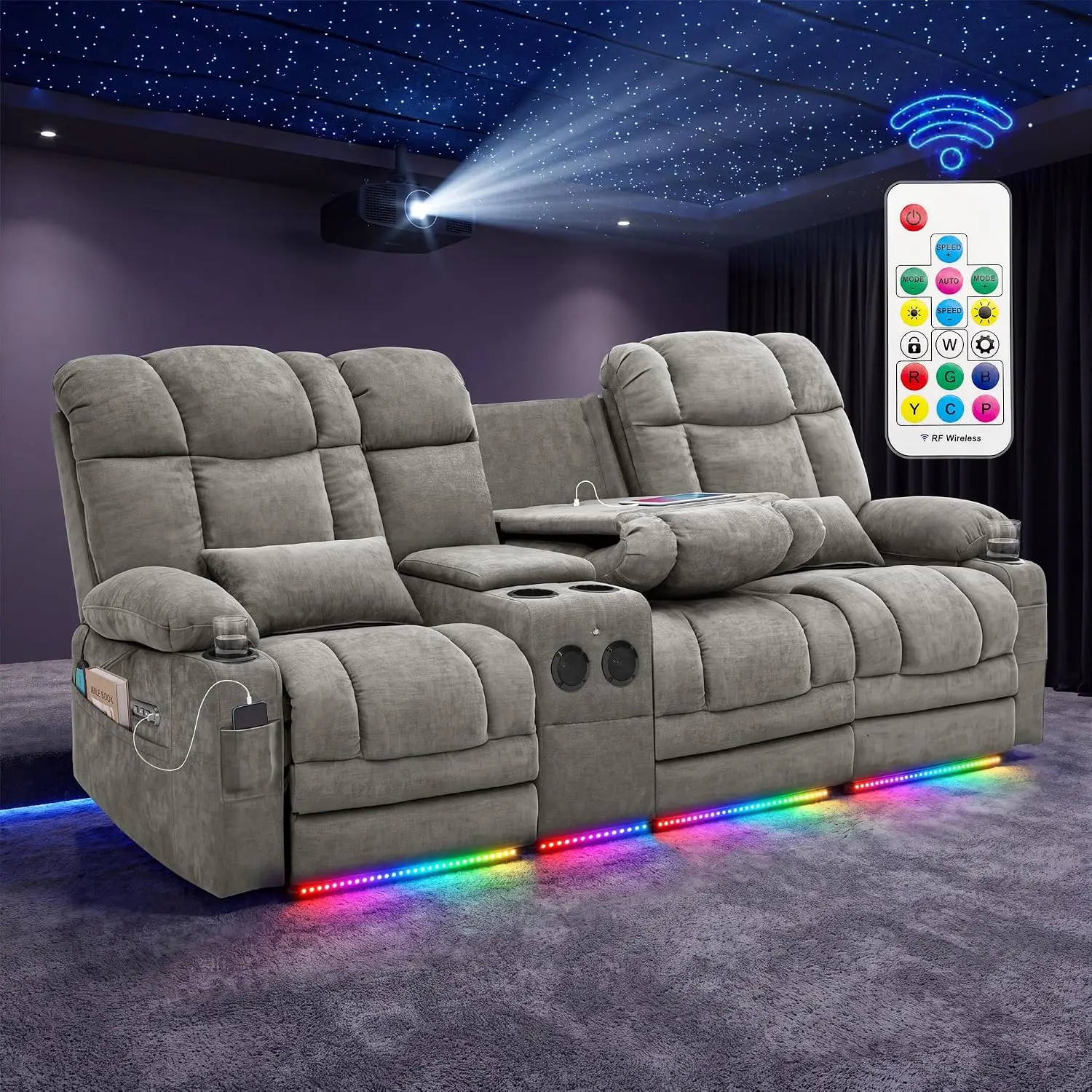 Joyvelleheim 3-Seater Power Recliner Sofa with Dual Consoles, RGB LED Light Massage & Lumbar Heat, Home Theater Seating with Wireless RF Remote, Cup Holders, USB Ports, Bluetooth Speaker, Chenille-Grey