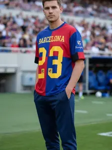 Barcelona 23 Number Fan Home Jersey Short Sleeve, Classic Blue Color Block Design, Casual Sports Wear, Essential Football Fan Item