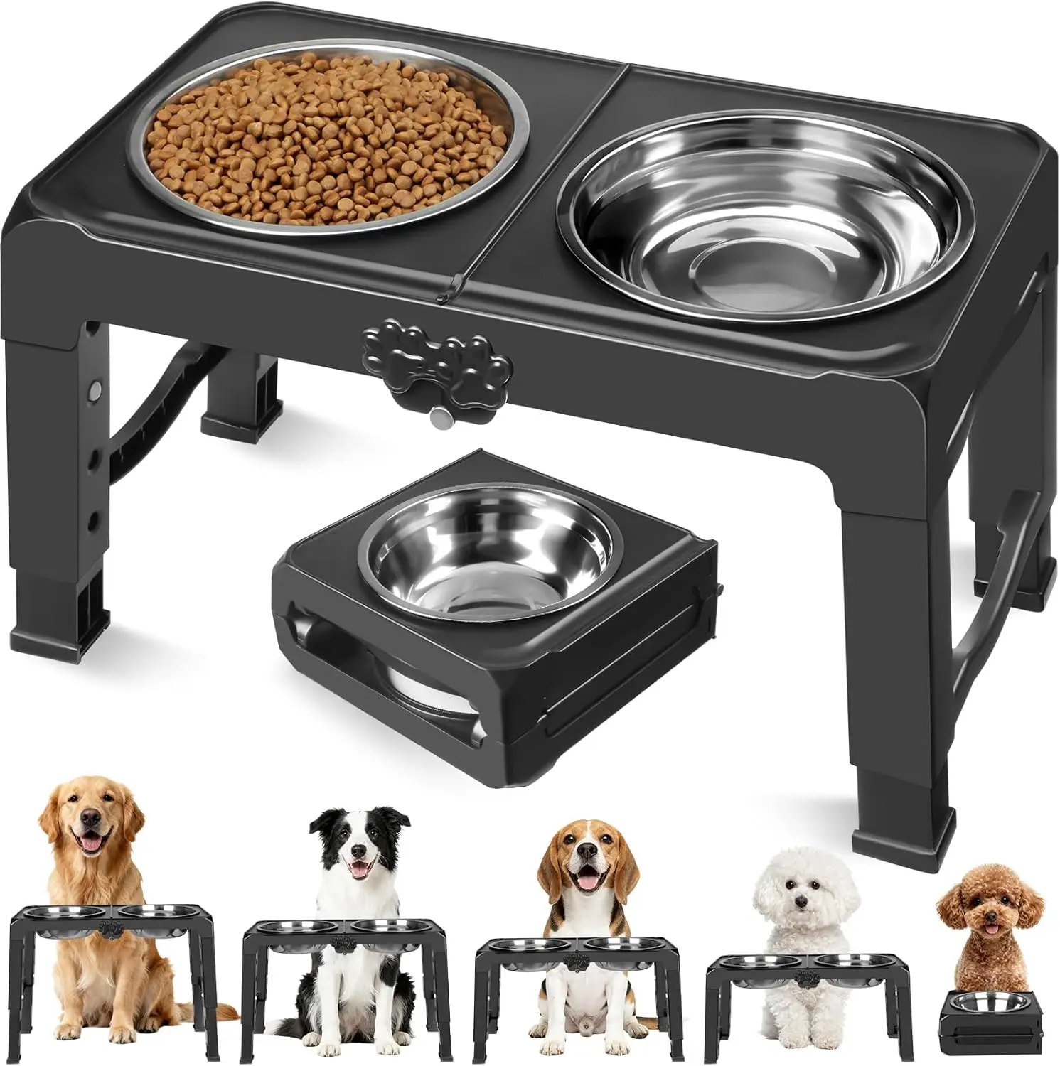 Elevated Dog Bowls with 5 Adjustable Heights | Raised Pet Feeder with Stainless Steel Bowls | Foldable Non-Slip Stand for Medium & Large Dogs | Black