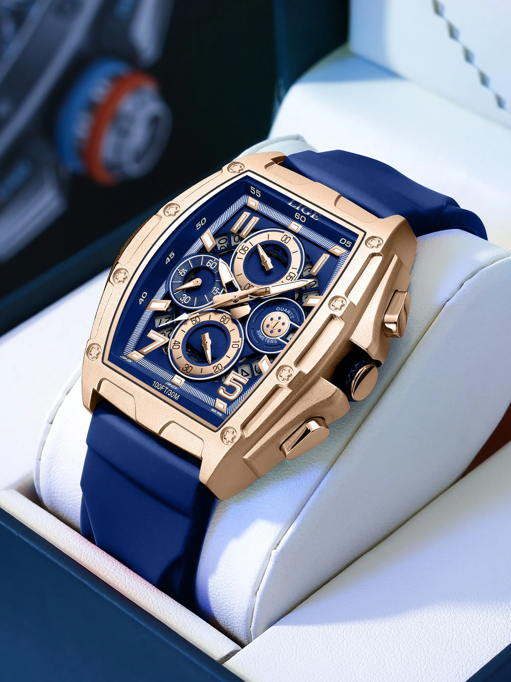 LIGE Men's Sport Tonneau Shape Multifunctional Calendar Watch, 3atm Waterproof Quartz, Analog Dial, High Hardness Glass, Casual Style, Fashionable Waterproof Watch Modern Watches, Durable Watch, Quartz Analog Wristwatch
