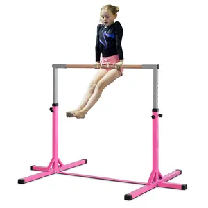 "Kids Adjustable Gymnastics Bar – Pink| Steel Frame, Triangle Anti-Wobble Structure| 36.2"-59.1"H Height (1.9"/Level), 165LBS Load| 3+ Years Old Kids Gymnastics Equipment"