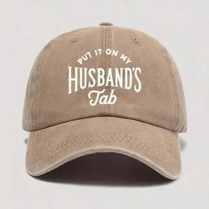 Funny Printed Baseball Cap - "PUT IT ON MY HUSBAND'S TAB" Washable Dad Hat, Soft & Comfortable Outdoor Casual Hat For Men, Beige With White Text, Perfect For Casual Attire Or Vacation, Nonelastic Fabric