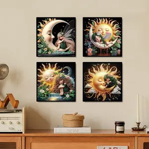 Fairy & Moon & Sun Pattern DIY Diamond Arts Colorful Painting Kit, 4 Counts/set DIY 5D Diamond Arts Colorful Painting Kit, Wall Art Decor for Home
