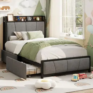 [FLASH SALE]Garvee Twin Size Bed Frame with 2 Storage Drawers and Charging Station, Rustic Linen Upholstered Platform Bedframe with Storage Headboard, Heavy Duty, Easy to Assemble for Kids, Grey