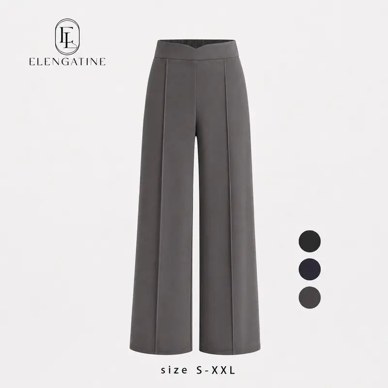 Elengatine Women's Minimalist High-Waisted Straight Leg Knitted Pants - Comfortable, Elastic Waist, Loose Fit Bottoms for Office Casual & Street Style Wear, KBK0003