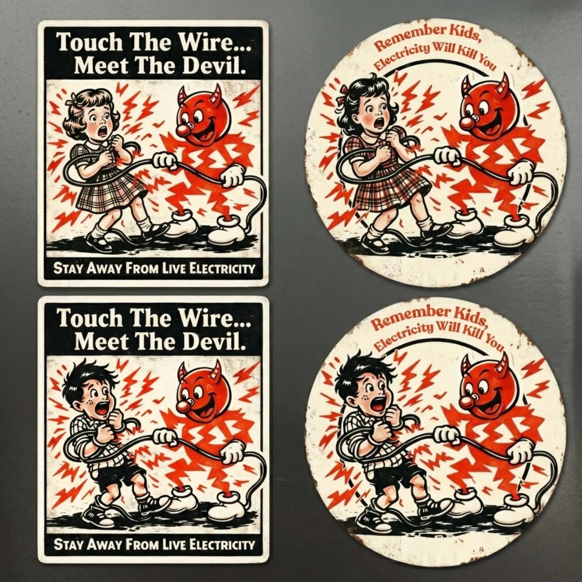 Set Of Vintage Electrical Safety Dark Humor Sticker, Touch The Wire Meet The Devil Retro Warning Vinyl Decal