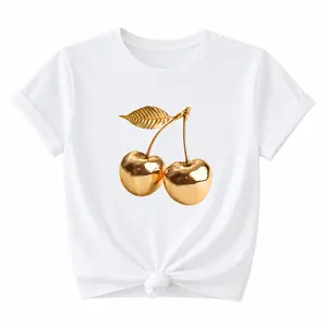 2026 Spring/Summer New Women'S Crew Neck Golden Cherry Print Casual  women T-Shirt |     Fashionable Cool Short Sleeve For Summer