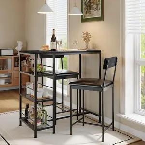 3-Piece Modern Dining Set with 2 Upholstered Bar Stools – Metal Frame Table with Built-in Wine Rack for Kitchen or Dining Room