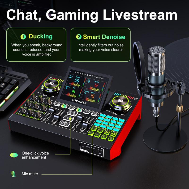 Tenlamp G10-Series Audio Mixer, Live Sound Card with XLR Microphone Connector, Professional Chipset, 48V Phantom Power Supply, One Touch Noise Reduction, One Touch Voice Change for Podcast,Recording,Vocal,Game Voice#TikTokShopBlackFriday