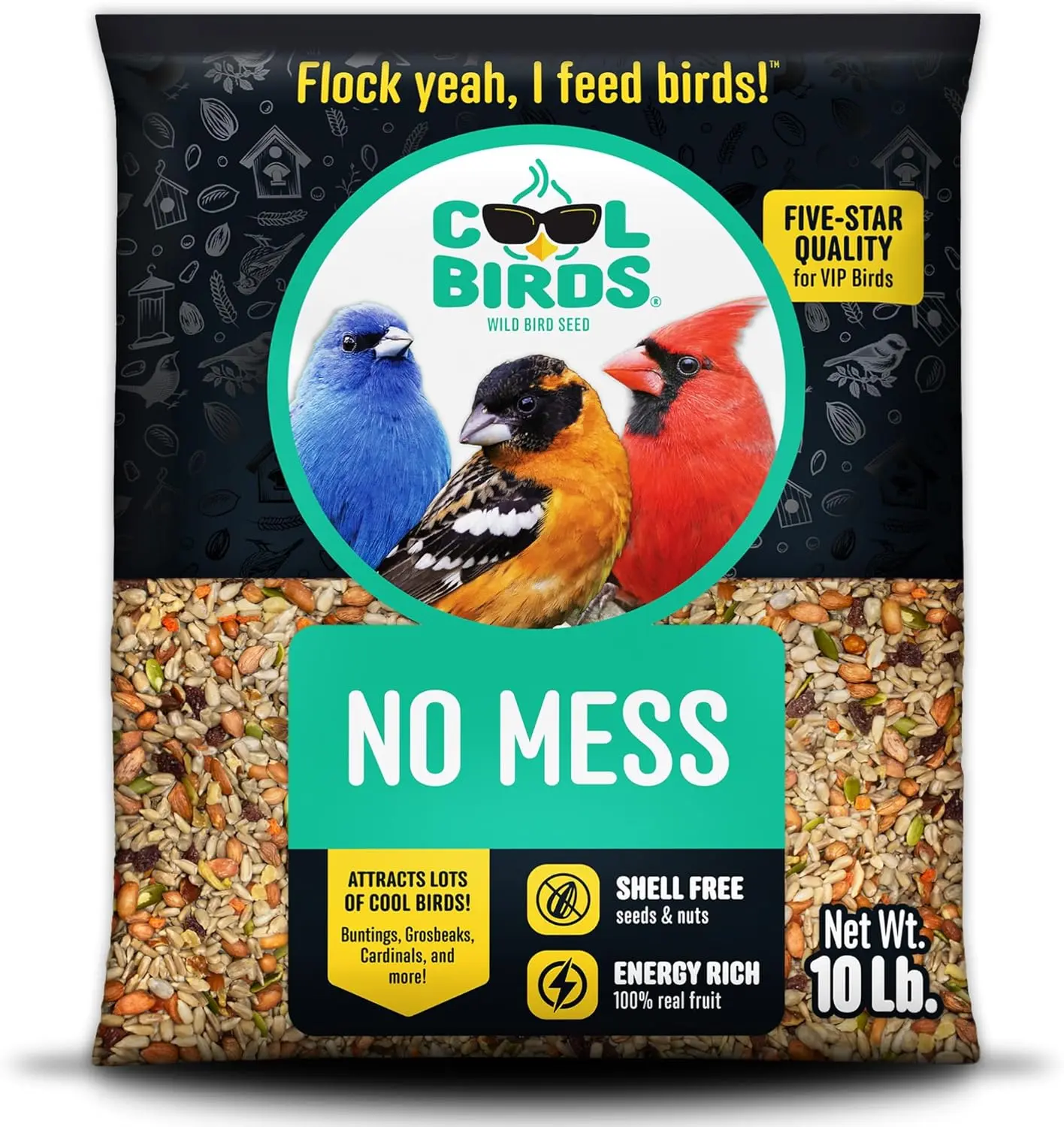 No Mess Wild Bird Seed, 10 lb | 100% Edible Shell-Free Blend of Sunflower Hearts, Peanuts, Tree Nuts, Pumpkin Seed & Real Fruit