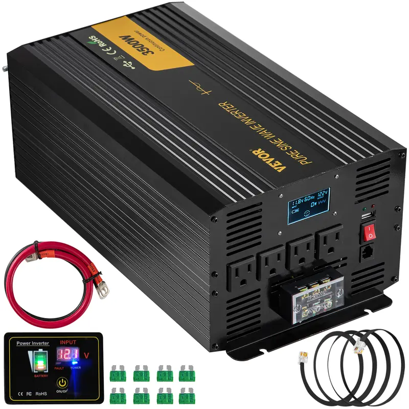 VEVOR 3500W Max Pure Sine Portable Power Inverter, DC 12V to AC 120V Car/RV Inverter with 4 AC Outlets, USB Port, LCD Display, Remote Controller, GFCI, Bluetooth, Overheat Protection, 2 x Battery Cables, 9.8 ft-3 m Cable