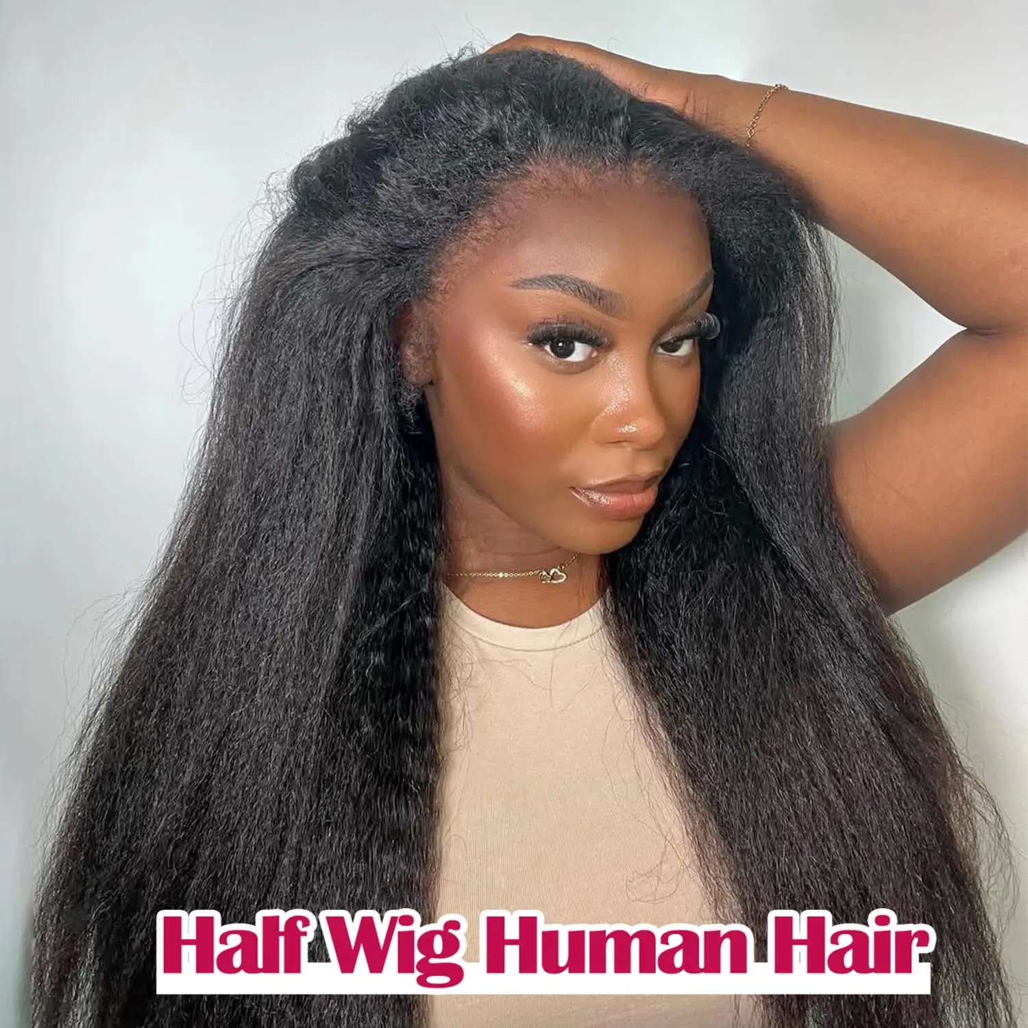 Bling Hair Kinky Straight Half Wig Human Hair Glueless Wig Human Hair Ready to Wear 3 IN 1 Half Wig Drawstring Yaki Straight Glueless Wig Beginner Friendly Vacation Summer Hairstyle